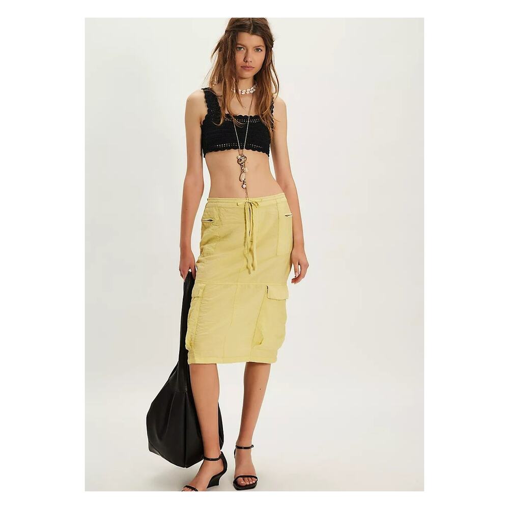 NWT FREE PEOPLE Evie Column Cargo Midi Skirt Pale Yellow Green